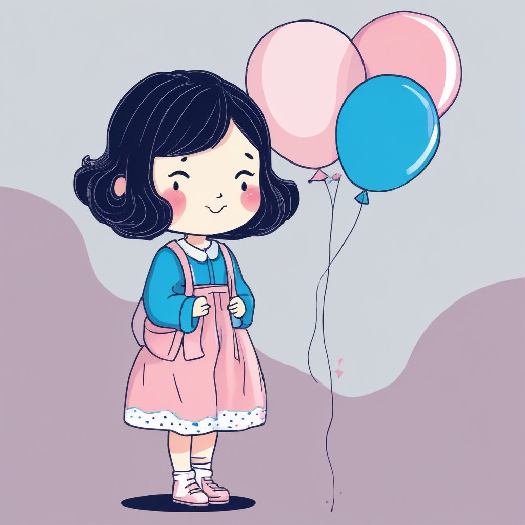 极简线稿风:软萌日系女孩与气球,粉蓝配色纯色背景