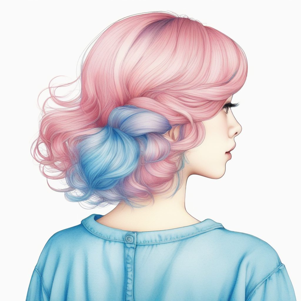 AI纯色背景美学:软萌日系女孩背影,极简粉蓝意境