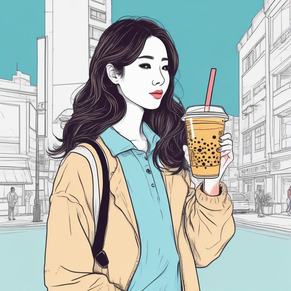 手拿奶茶:日系街拍风Q版线稿构图与提示词