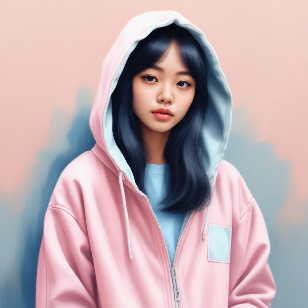 慵懒风AI插画生成:粉蓝卫衣女孩与梦幻纯色背景构图技巧