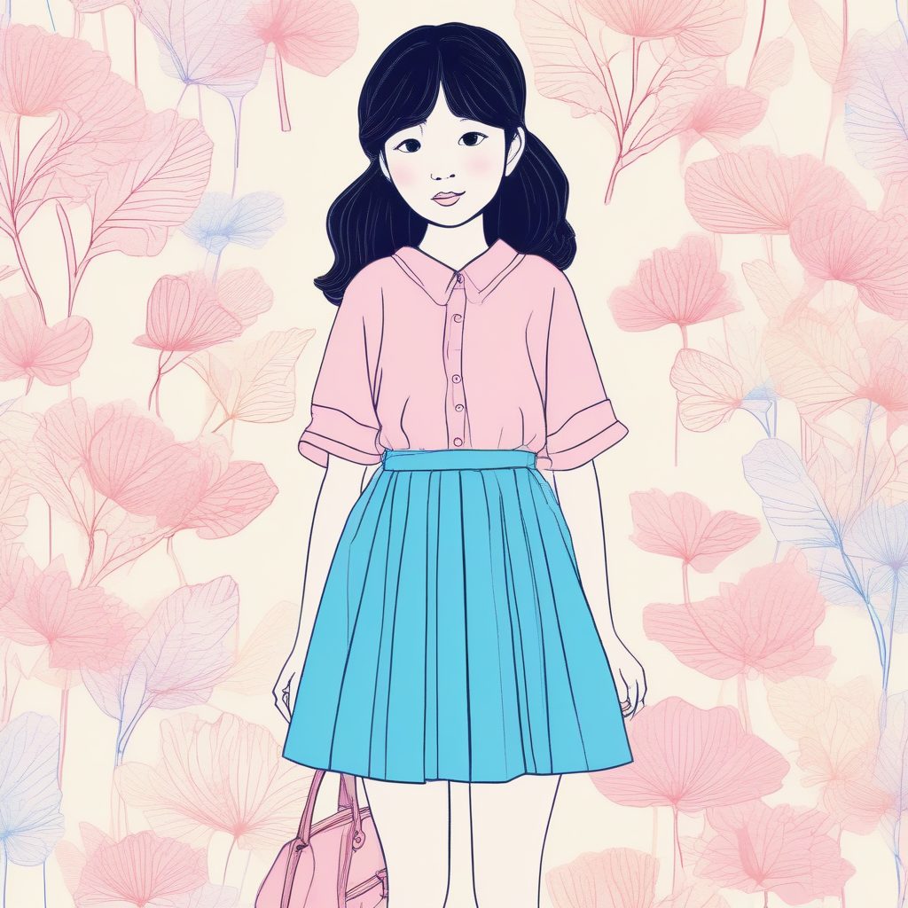 春日元气少女穿搭:粉蓝百褶裙,极简线稿AI提示词