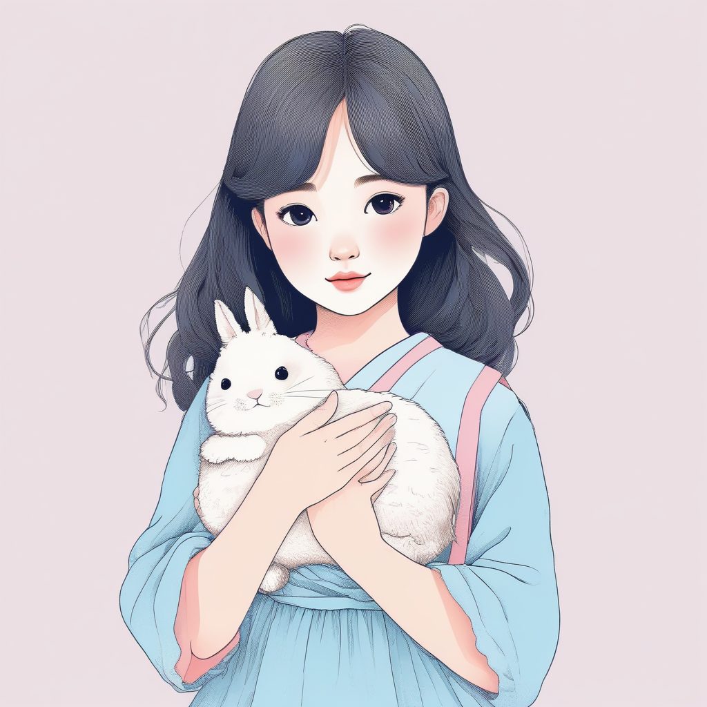 爆款头像生成:抱着小兔玩偶的粉蓝系极简线稿少女