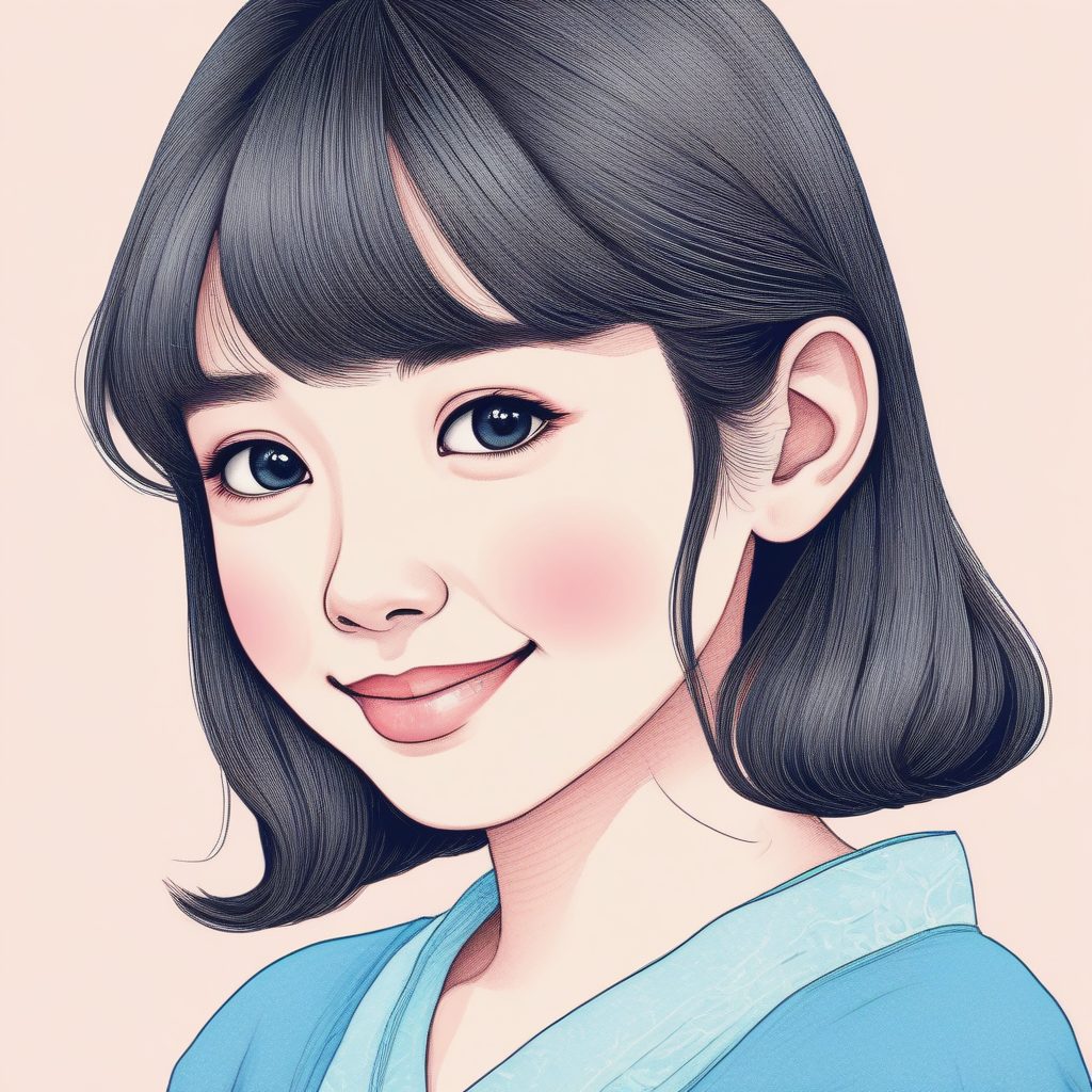 爆款AI构图:回眸一笑的粉蓝系极简线稿少女,侧面特写