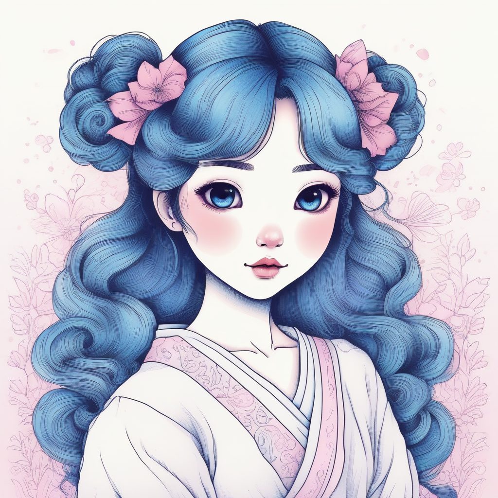 爆款灵感:AI生成日系卷发双马尾女孩的粉蓝线稿图