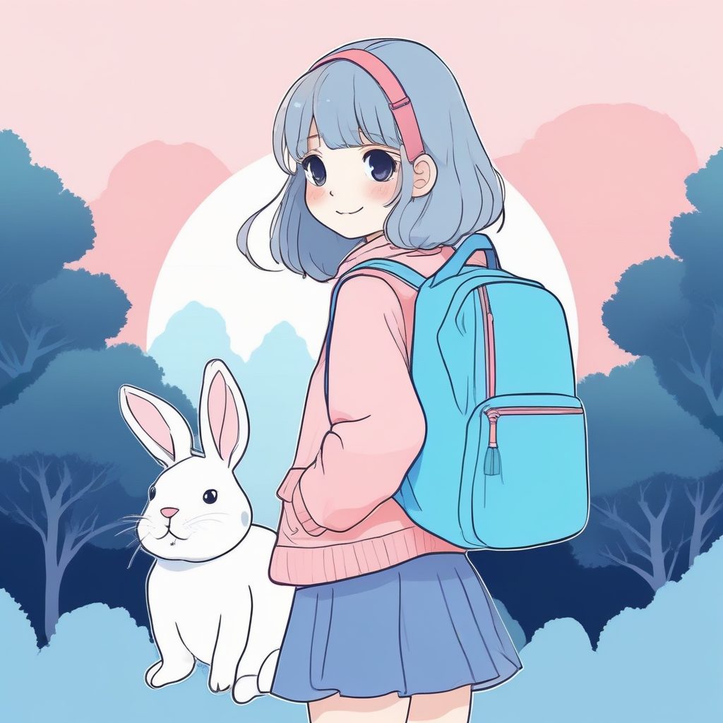 高点击率:日系女孩与可爱兔子背包的极简线稿头像