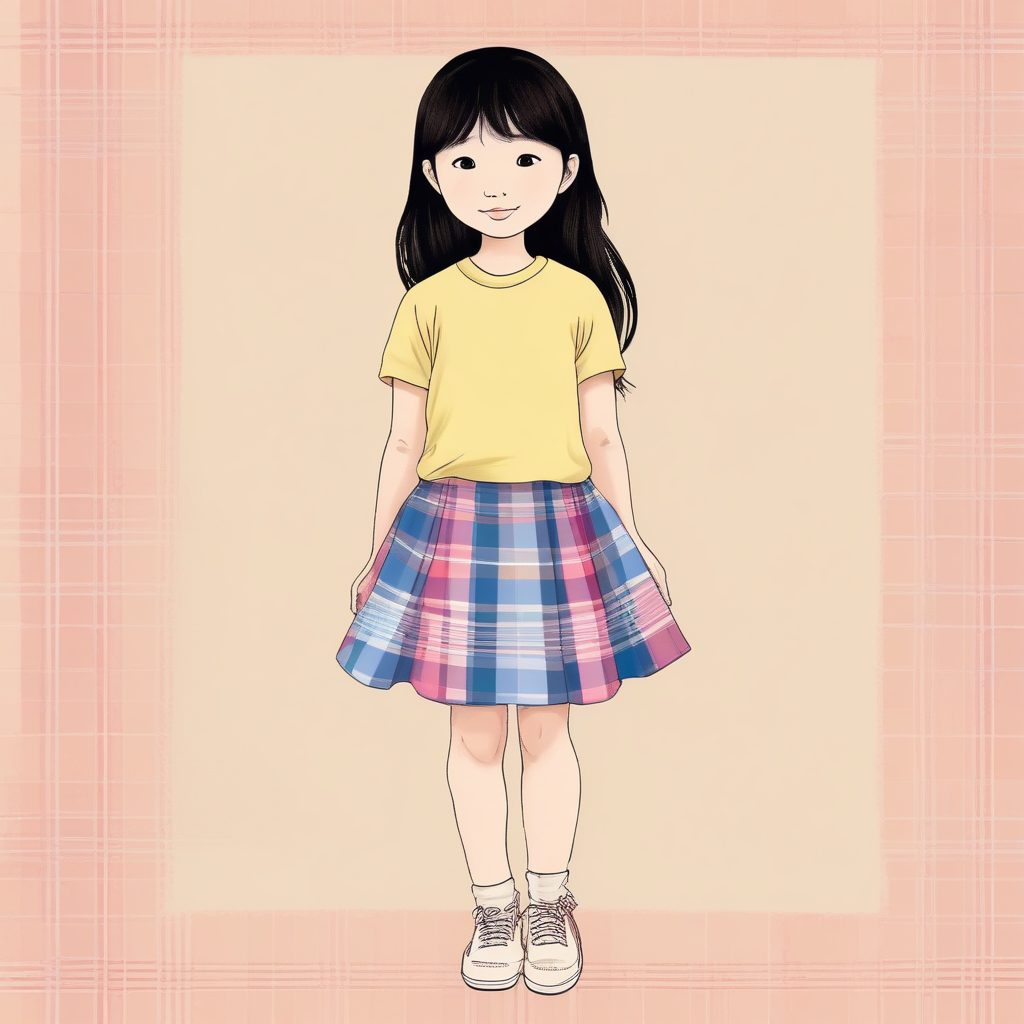 AI绘画灵感:极简风格粉蓝色格子裙的日系女孩