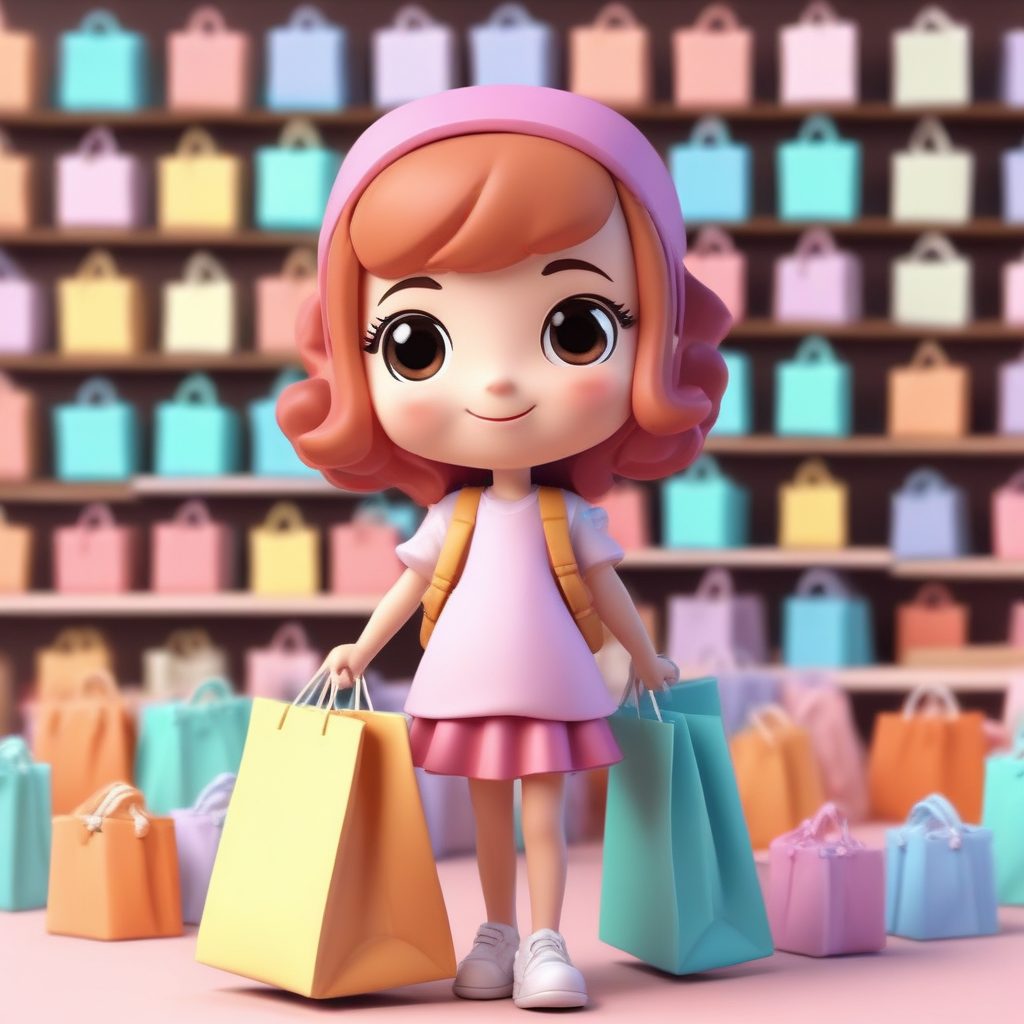 购物狂的快乐！Q版小人手提大包小包的满足表情动作AI插画