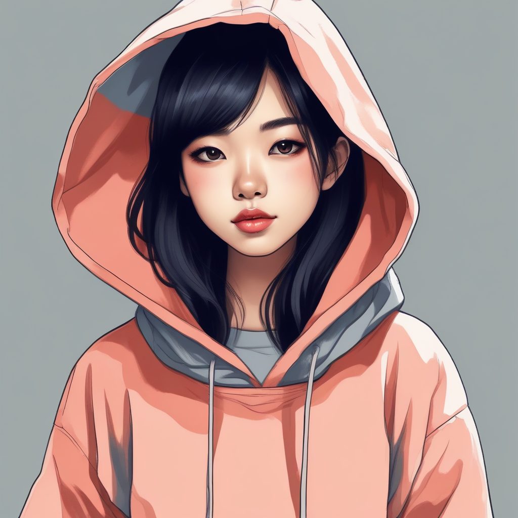 Oversized Hoodie潮流:AI插画中的街头日系少女,纯色背景聚焦穿搭