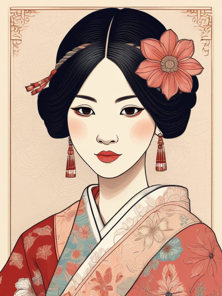 民族刺绣元素:异域风情日系线稿少女肖像纯色背景速出