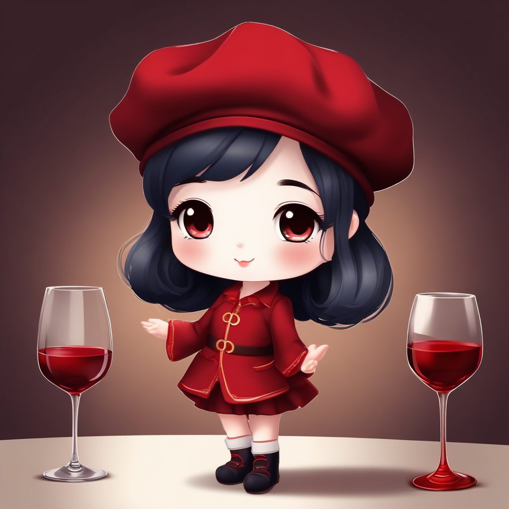 🍇法式优雅Chibi女孩：贝雷帽配纯酒红背景，高级感全身像