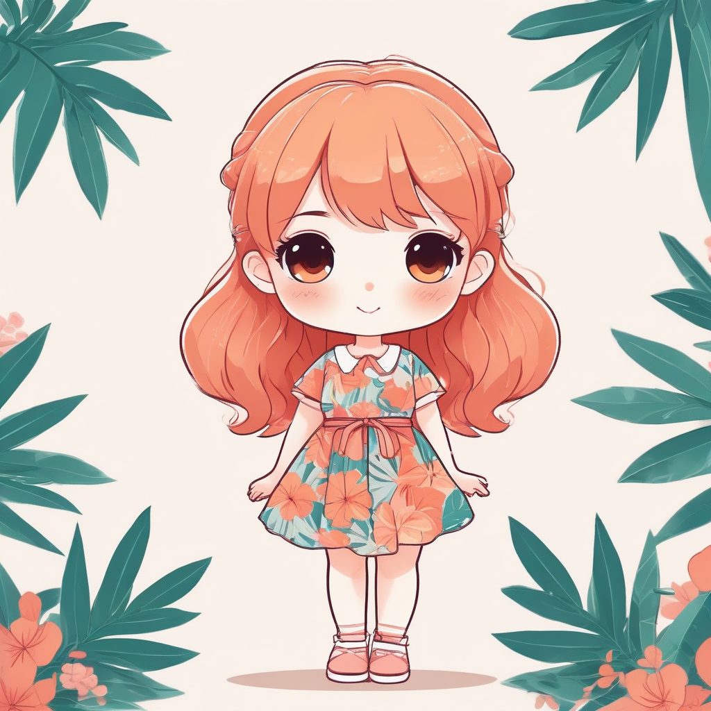 🌺热带风情Chibi：印花连衣裙Q版全身像，纯橙红色背景