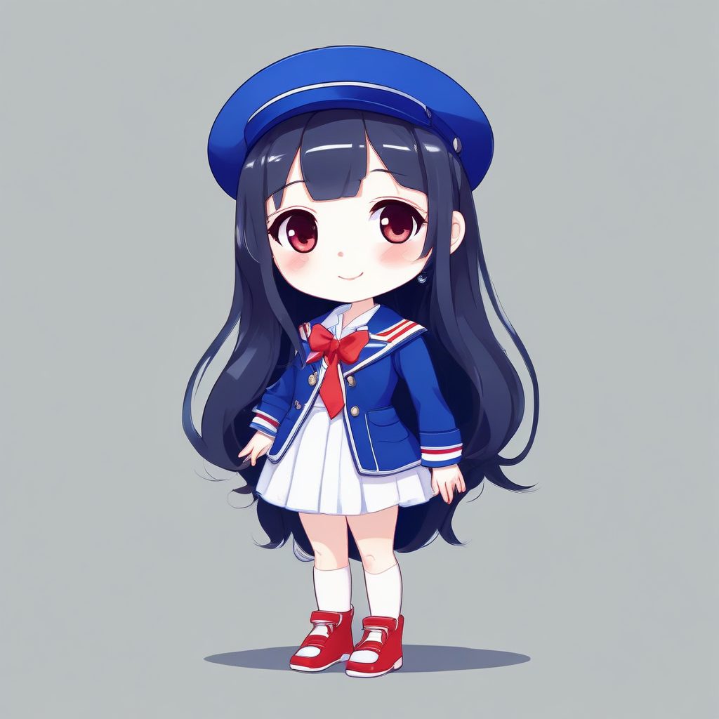🍎复古红白Chibi：俏皮海军风Q版全身像，纯深蓝背景