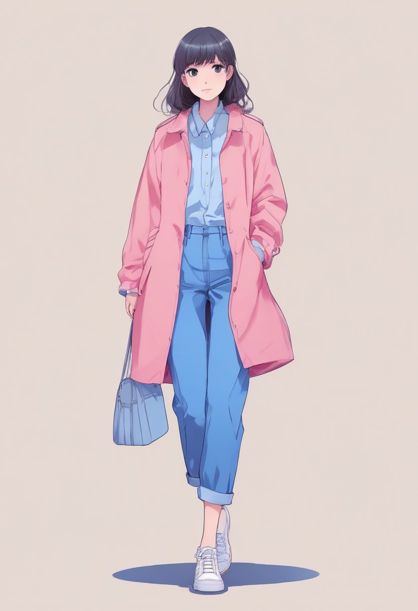 极简治愈系｜粉蓝马卡龙配色女孩全身像，清冷感动漫壁纸生成！