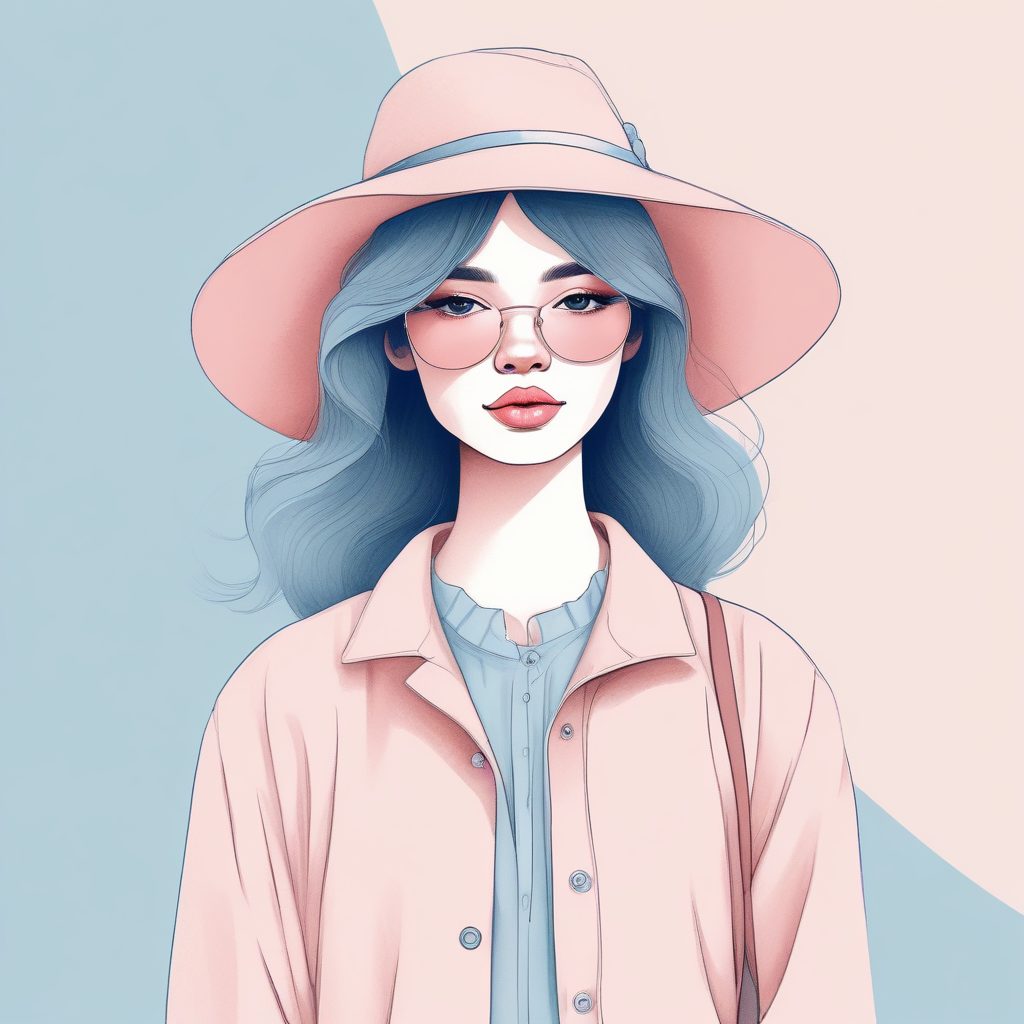 ✨极简手绘时尚女孩：粉蓝配色纯背景插画🔥