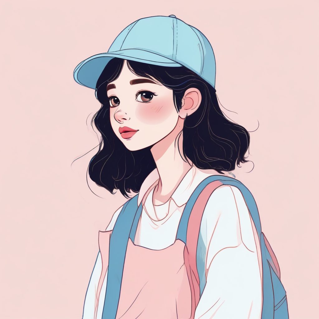 💖极简线稿女孩插画，粉蓝配色软萌风！故事书风格手绘肖像头像背景干净