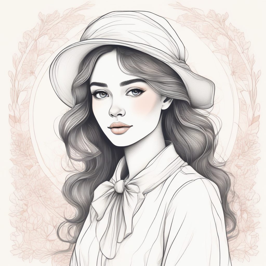 极简线稿手绘插画：粉蓝系时尚女孩装扮，纯色背景🔥