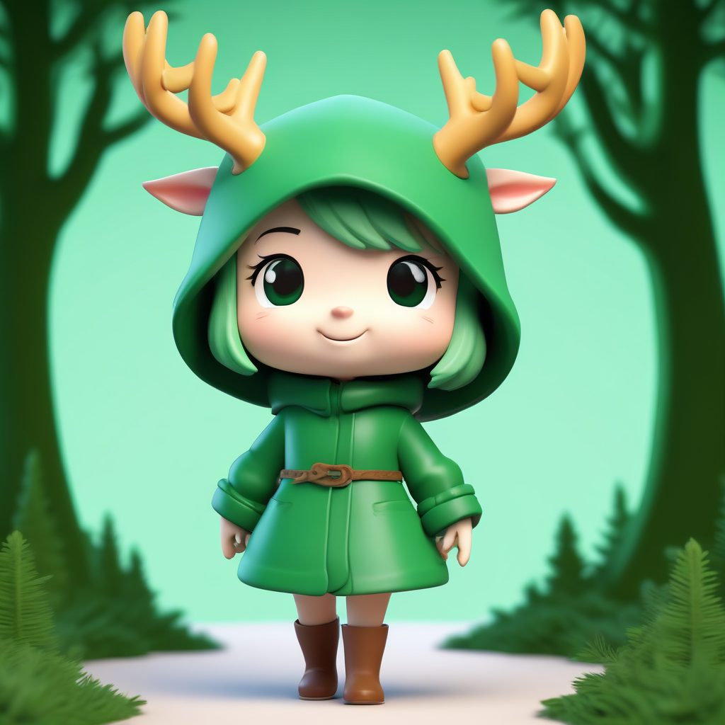 🌲森林绿系!带着鹿角帽的Q版少女,C4D粘土全身像,氛围感MAX