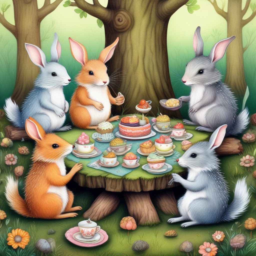 森林童话风手绘：可爱动物茶会，彩色铅笔细节呈现