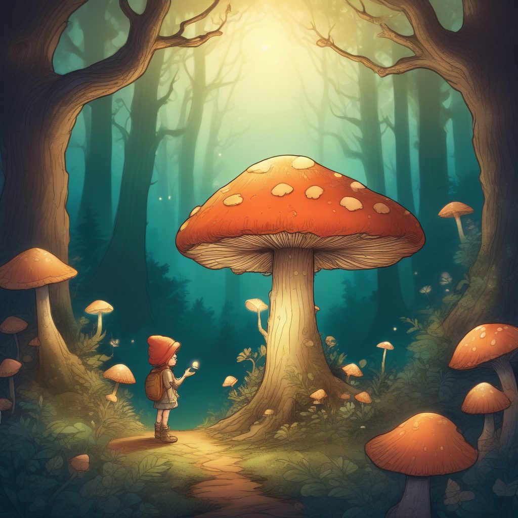 森系治愈｜精灵拥抱蘑菇，童话故事书风插画背景图