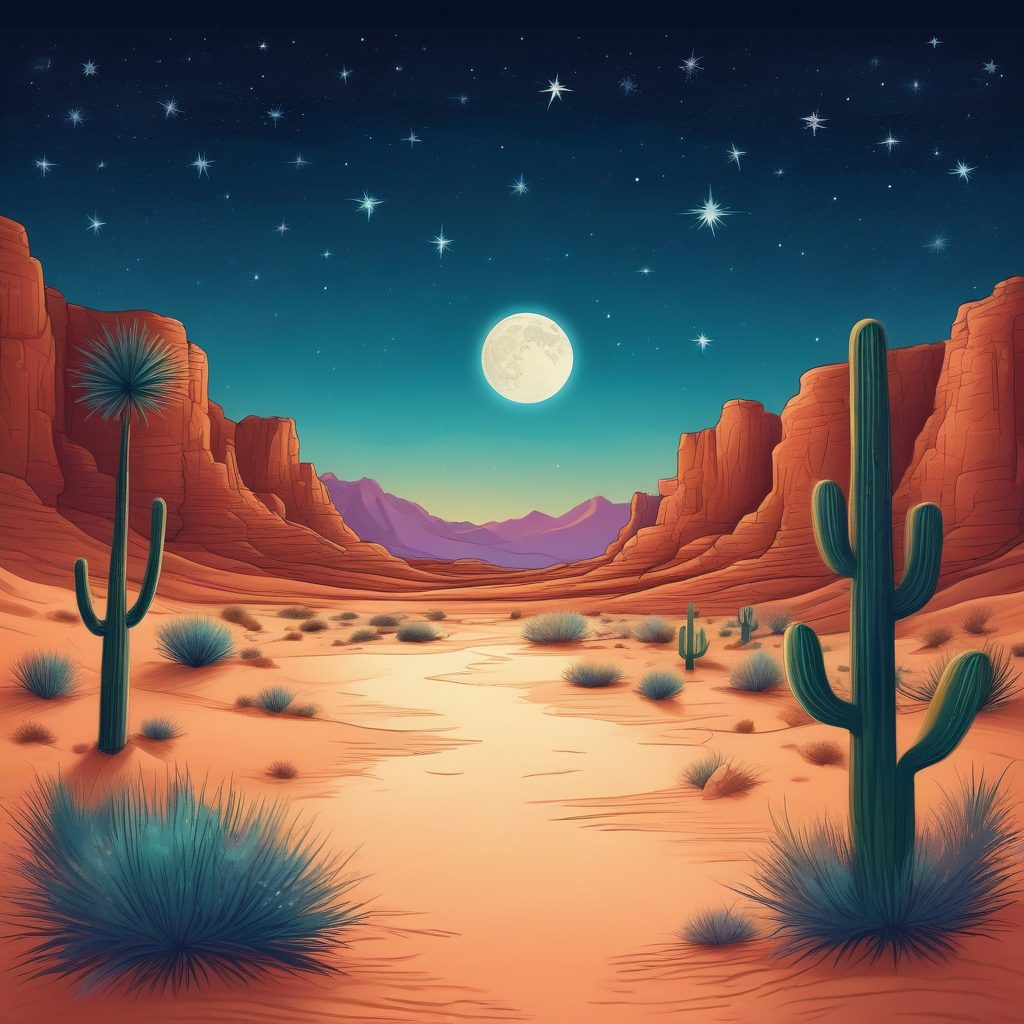 沙漠星空插画：粉彩暖色调，异想天开的童话故事背景