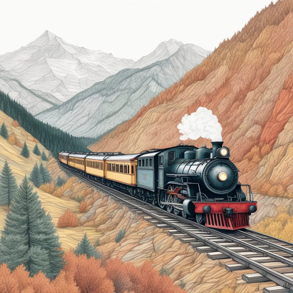 山脉火车之旅：复古旅行插画，彩色铅笔软边缘画风