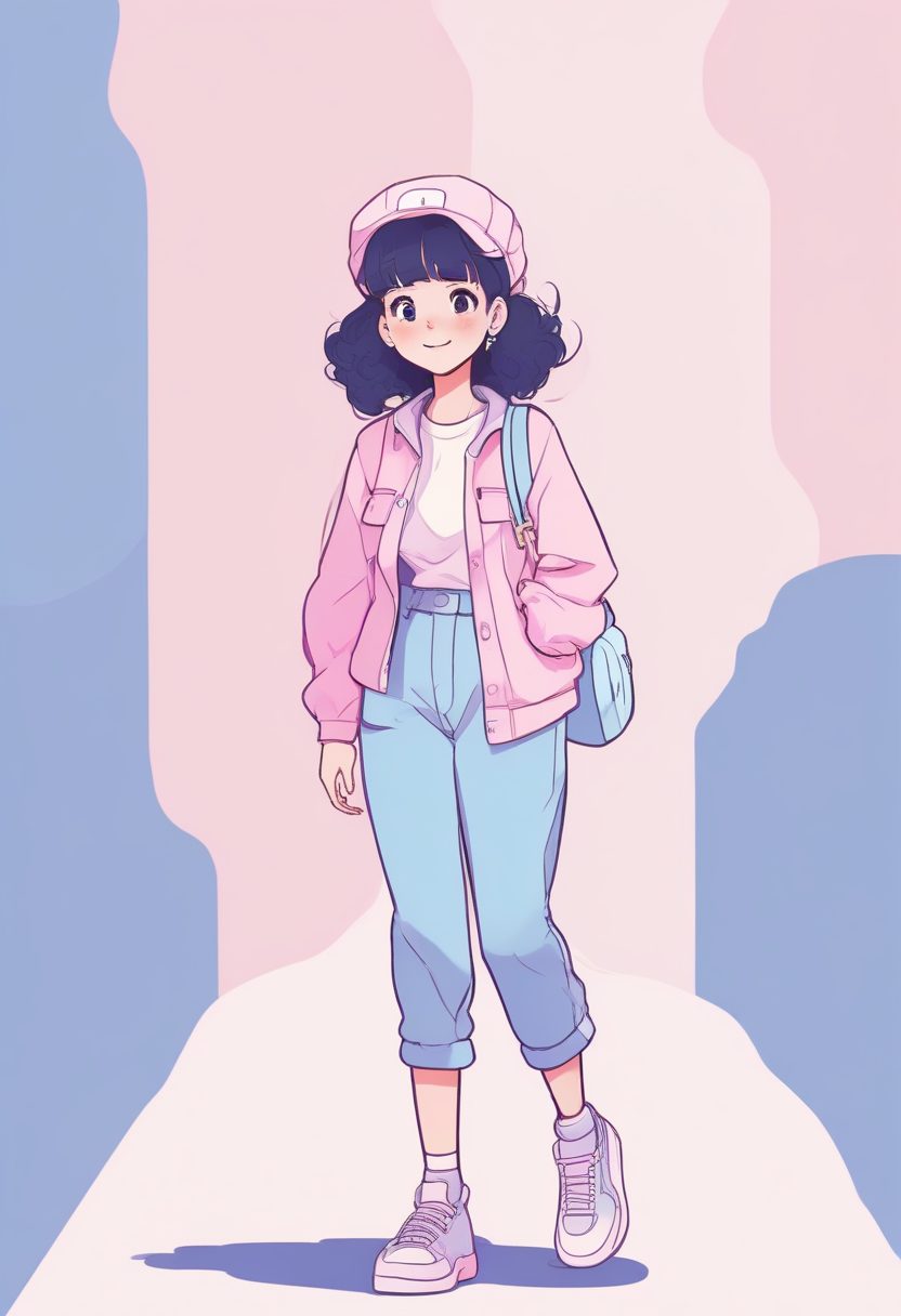 少女漫主角即视感！粉蓝系时尚女孩微笑全身像，治愈系AI插画