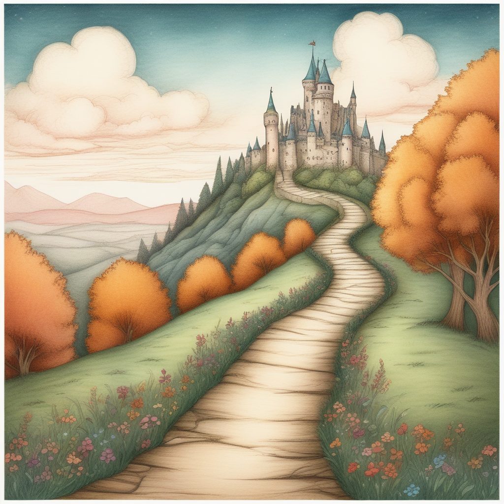 神秘城堡插画：蜡笔画风，通往远方之路，异想天开壁纸