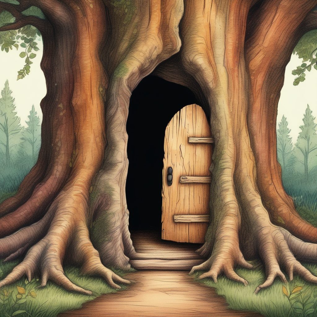 神秘探险|古树中的隐藏之门,治愈系插画壁纸