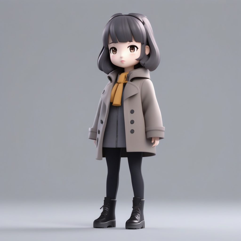 深色学院风冬装:Q版女孩迷你风衣穿搭C4D 8K渲染提示词
