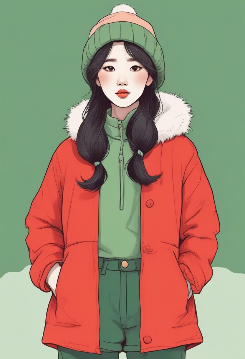 🎄圣诞氛围感：极简线稿插画，红绿撞色韩系少女全身壁纸