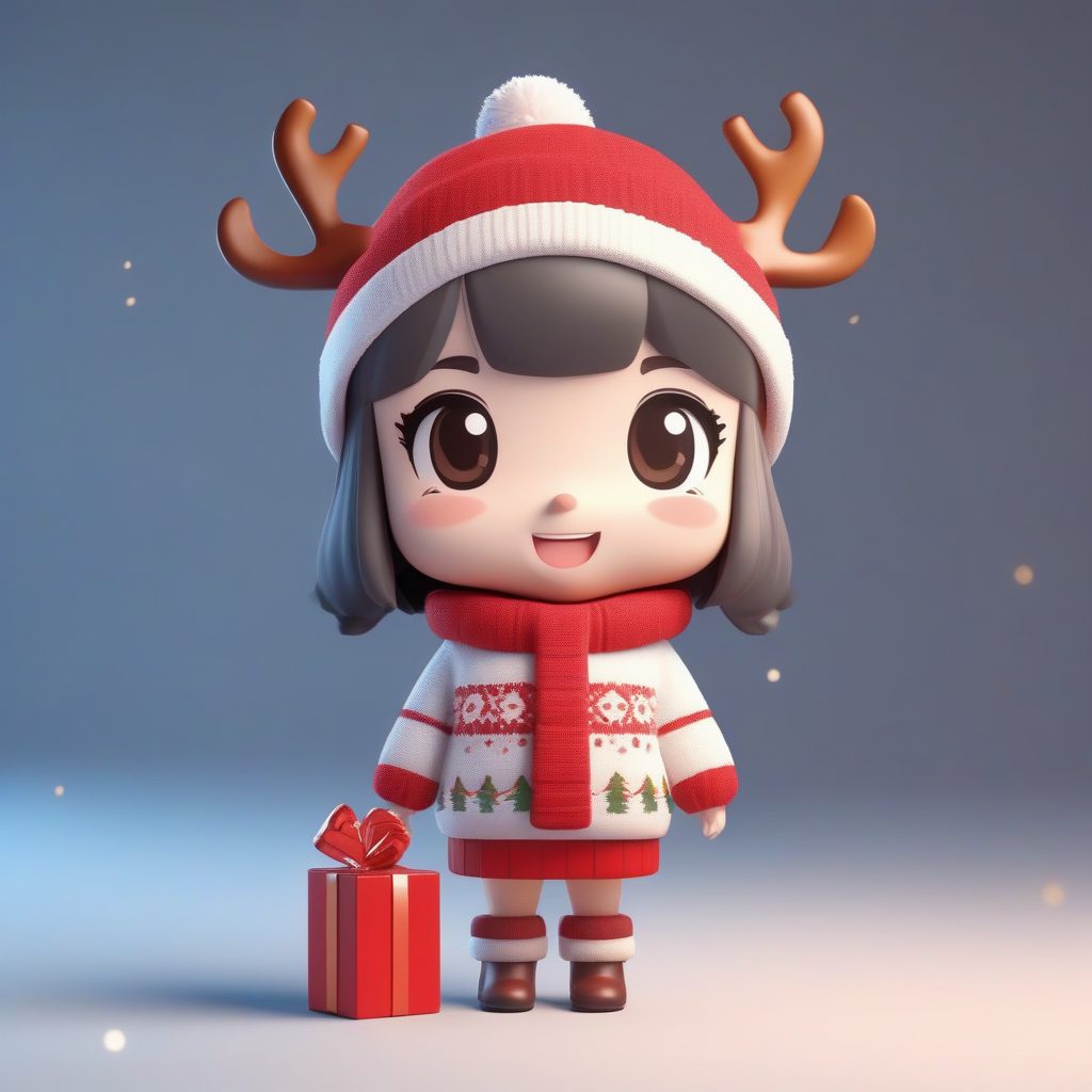 圣诞节主题Q版人物:麋鹿毛衣3D全身像与欢乐表情C4D提示词