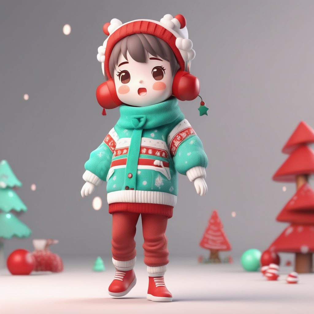 圣诞毛衣与红绿配色Q版人物:3D盲盒全身像,超萌C4D渲染提示词
