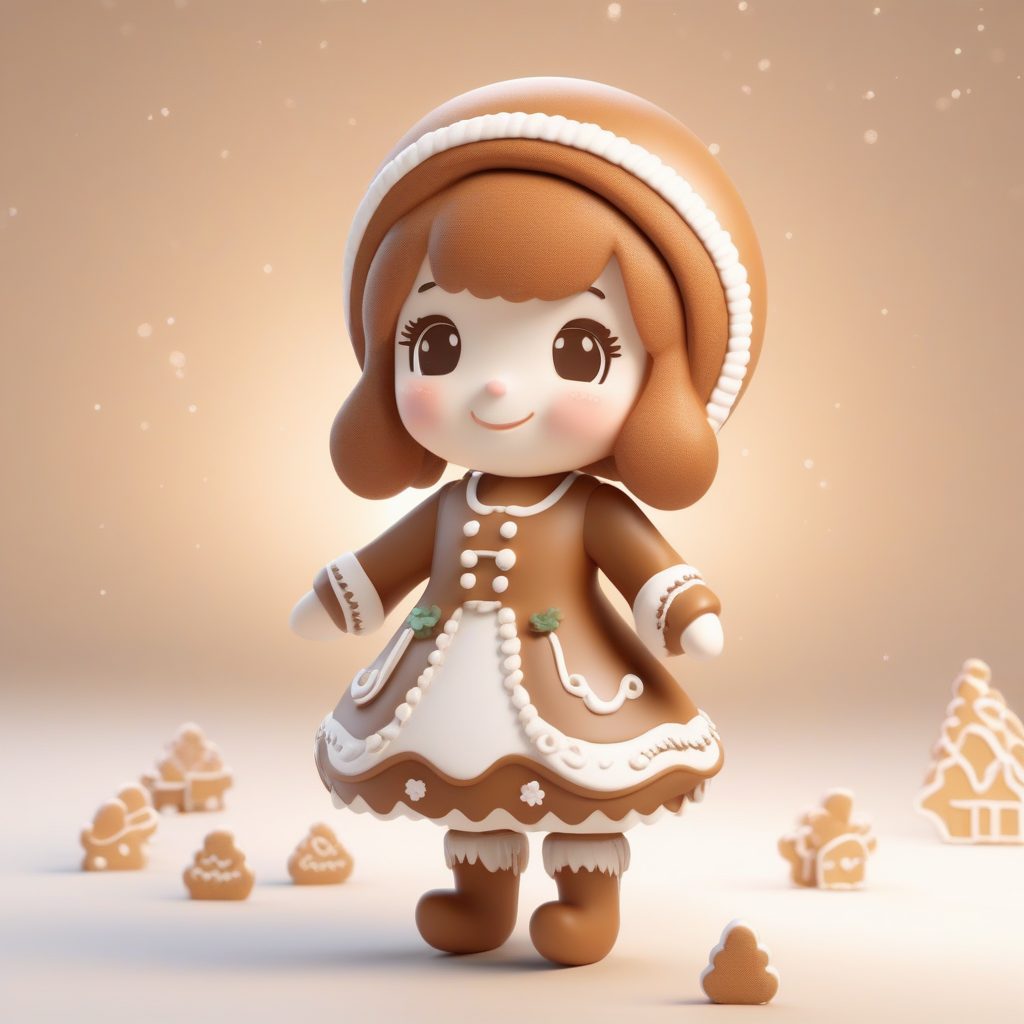 圣诞甜点风:Q版姜饼女孩3D全身像,柔和布光与粘土材质优化