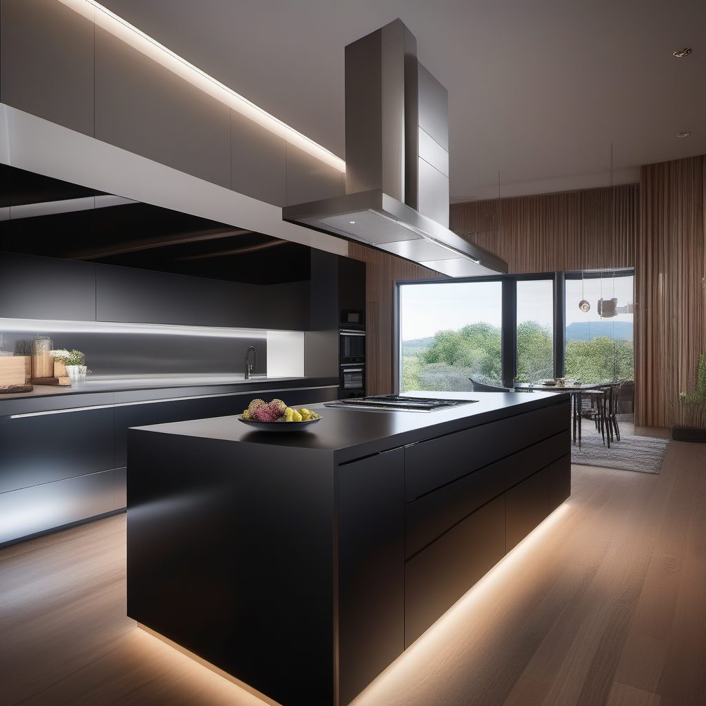 视觉魔术：AI生成无限反射镜面厨房的8K现代极简设计