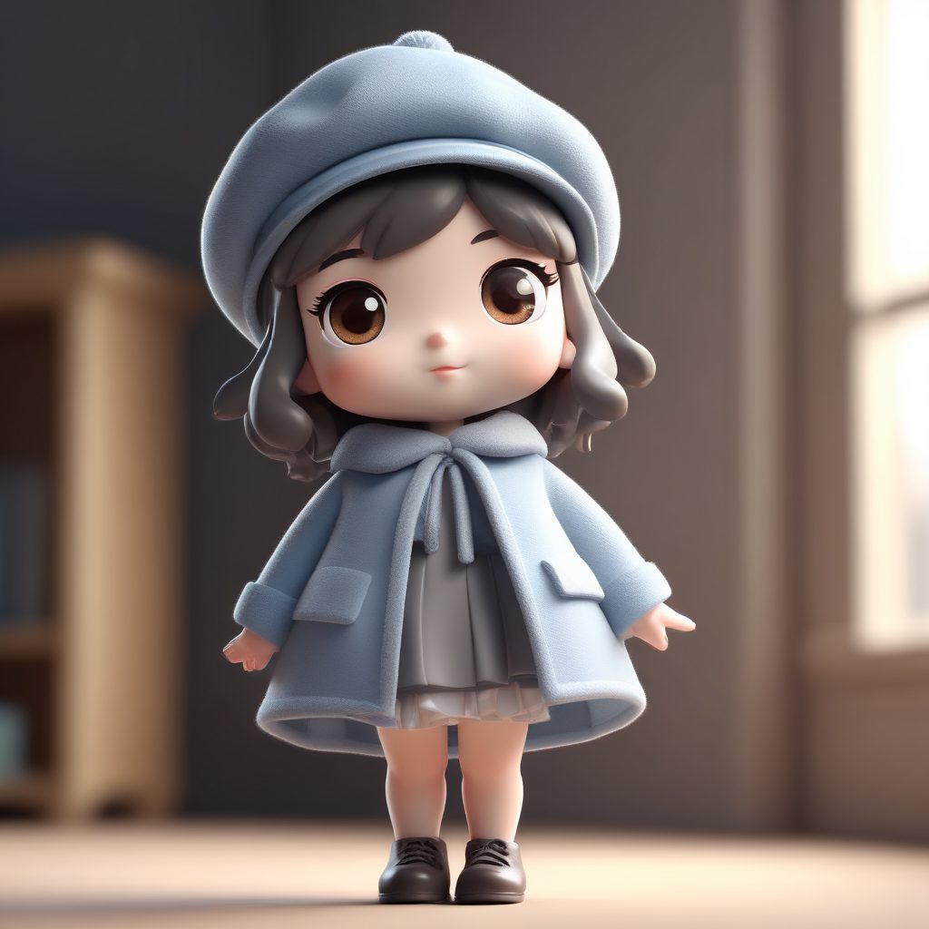 时尚Q版:穿斗篷和贝雷帽的可爱冬装女孩提示词