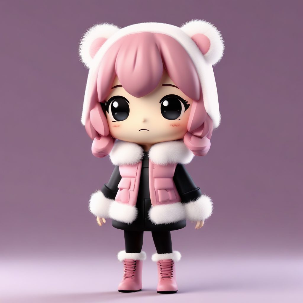 时尚Q版: 穿皮草马甲和皮裤的潮流冬季搭配提示词