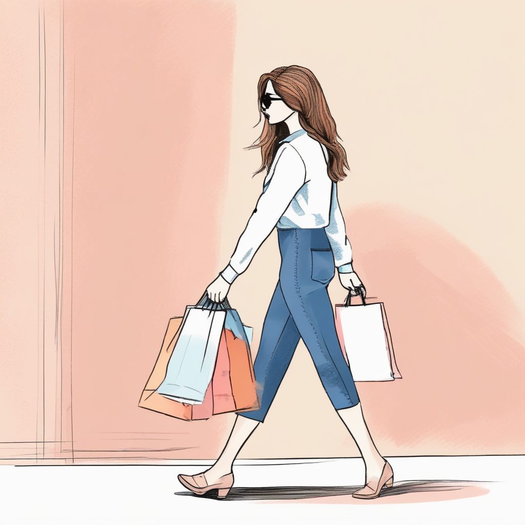 时尚消费：AI绘制提着购物袋的粉蓝系潮流少女插画