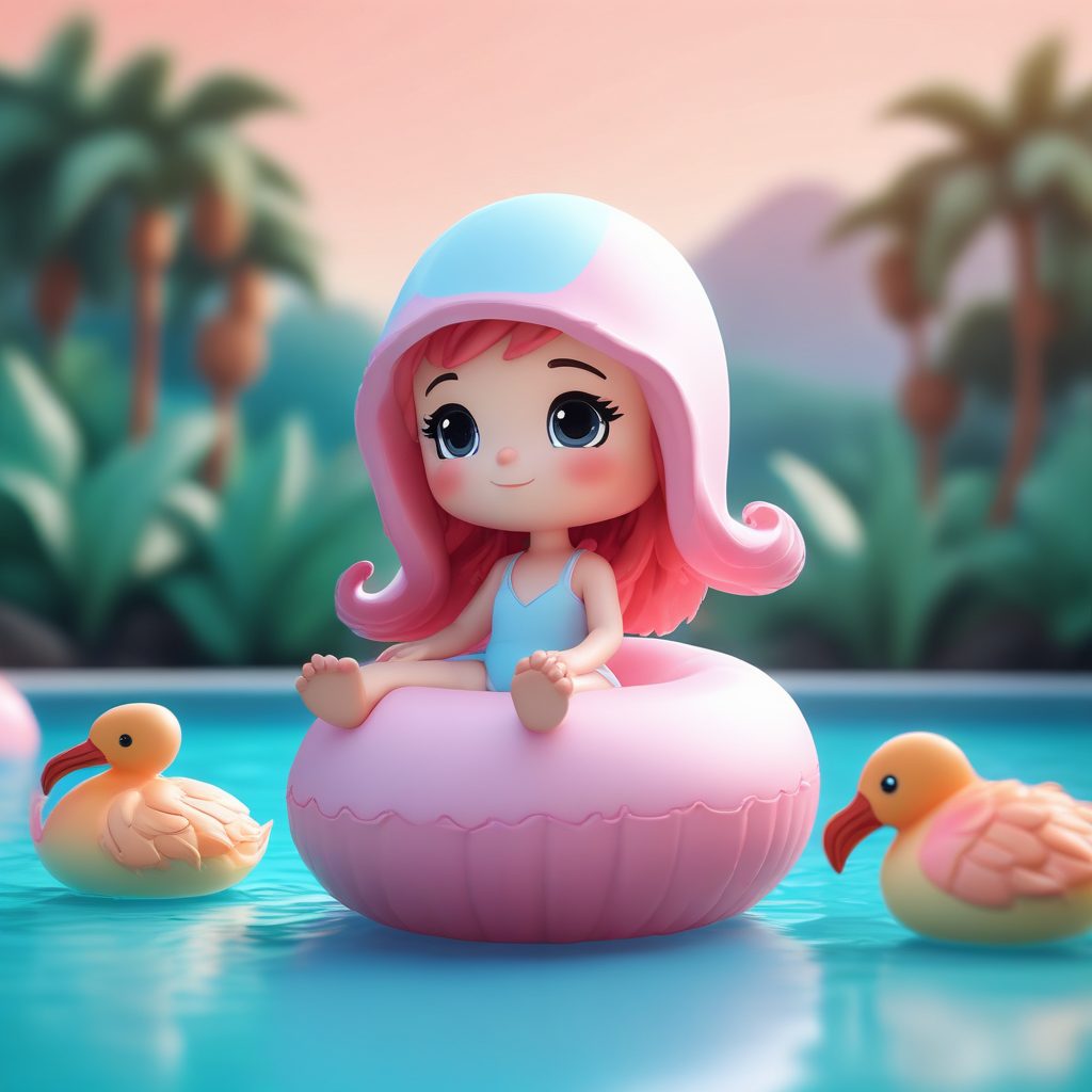 时尚泳圈:Q版人物抱着火烈鸟泳圈的雀跃姿势