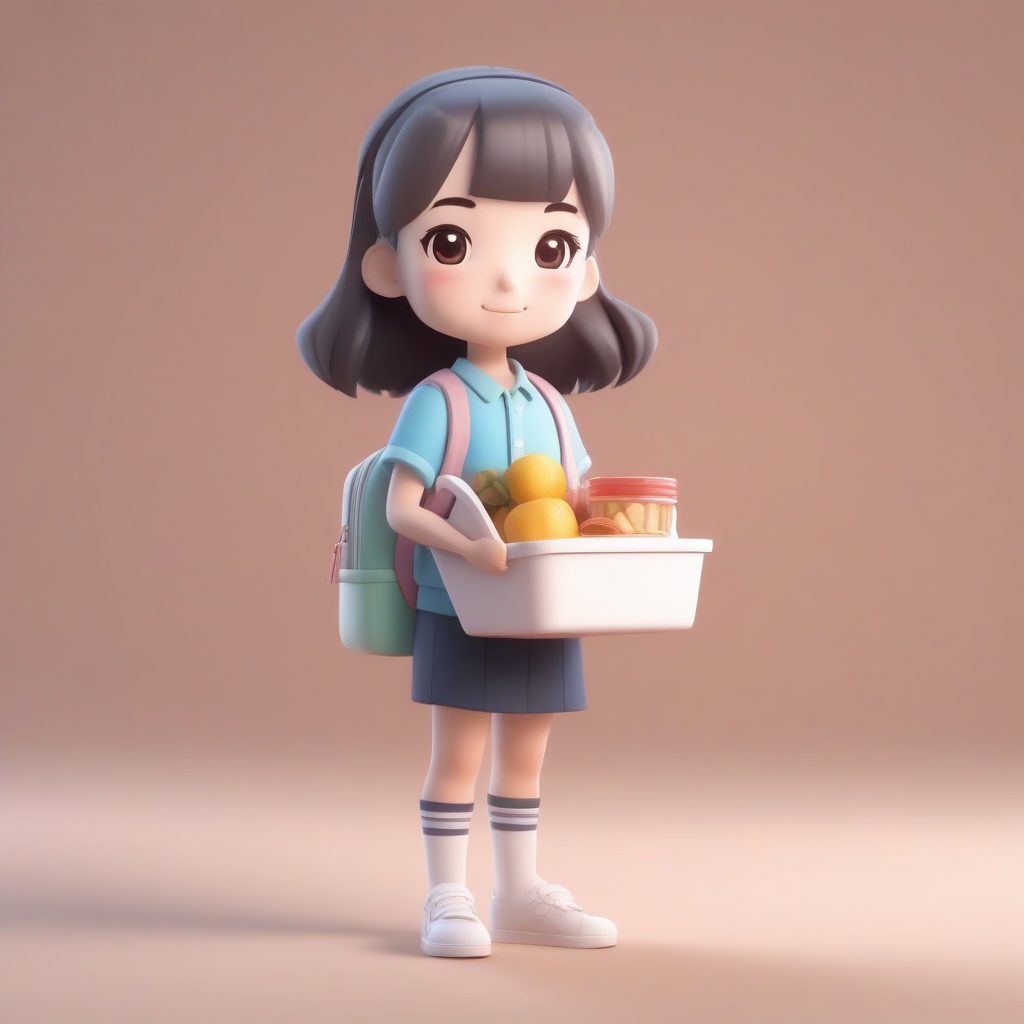 食堂风Q版学生：全身站立超可爱，纯色背景凸显3D质感