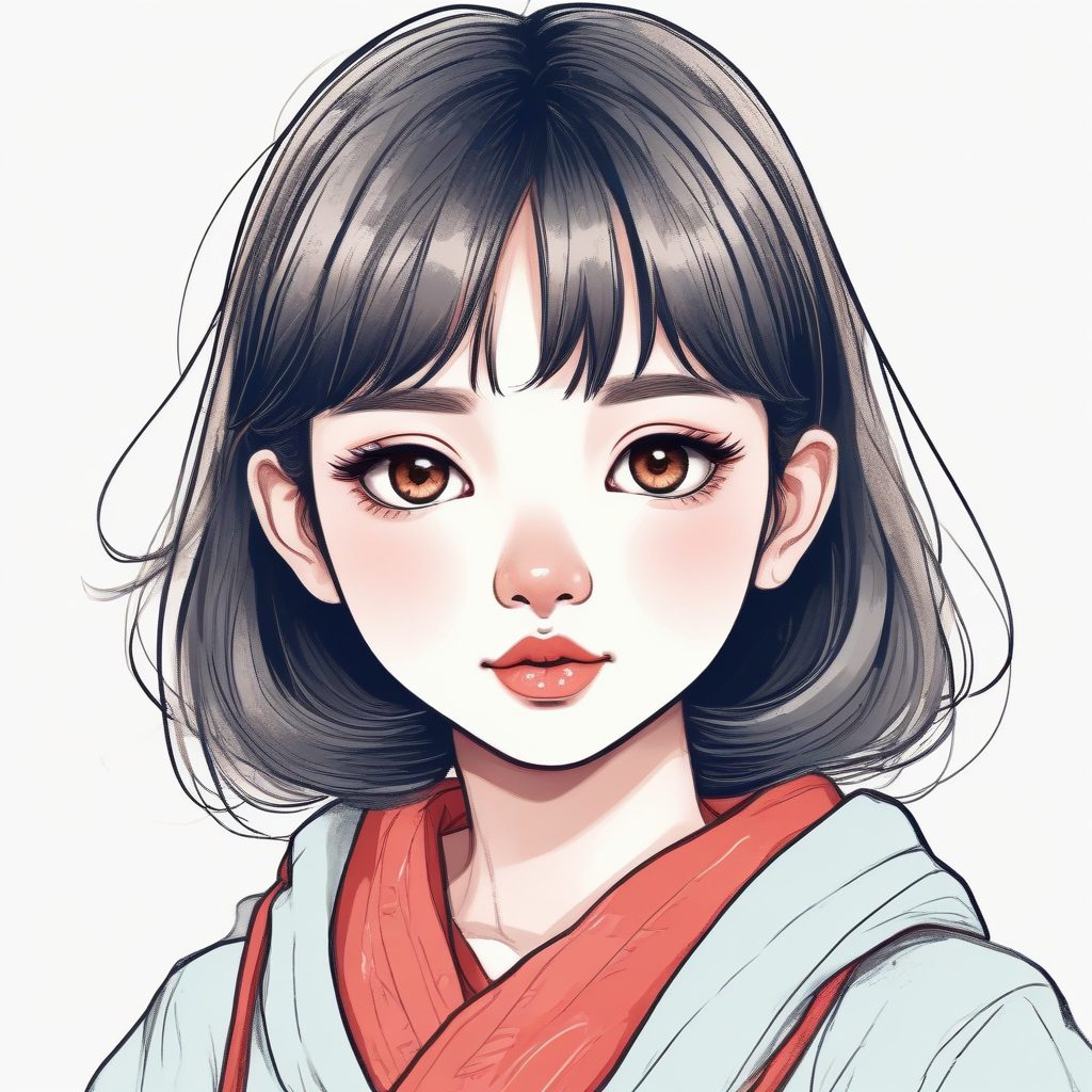 手绘线稿质感还原：日系少女甜美腮红妆，蜡笔风插画生成