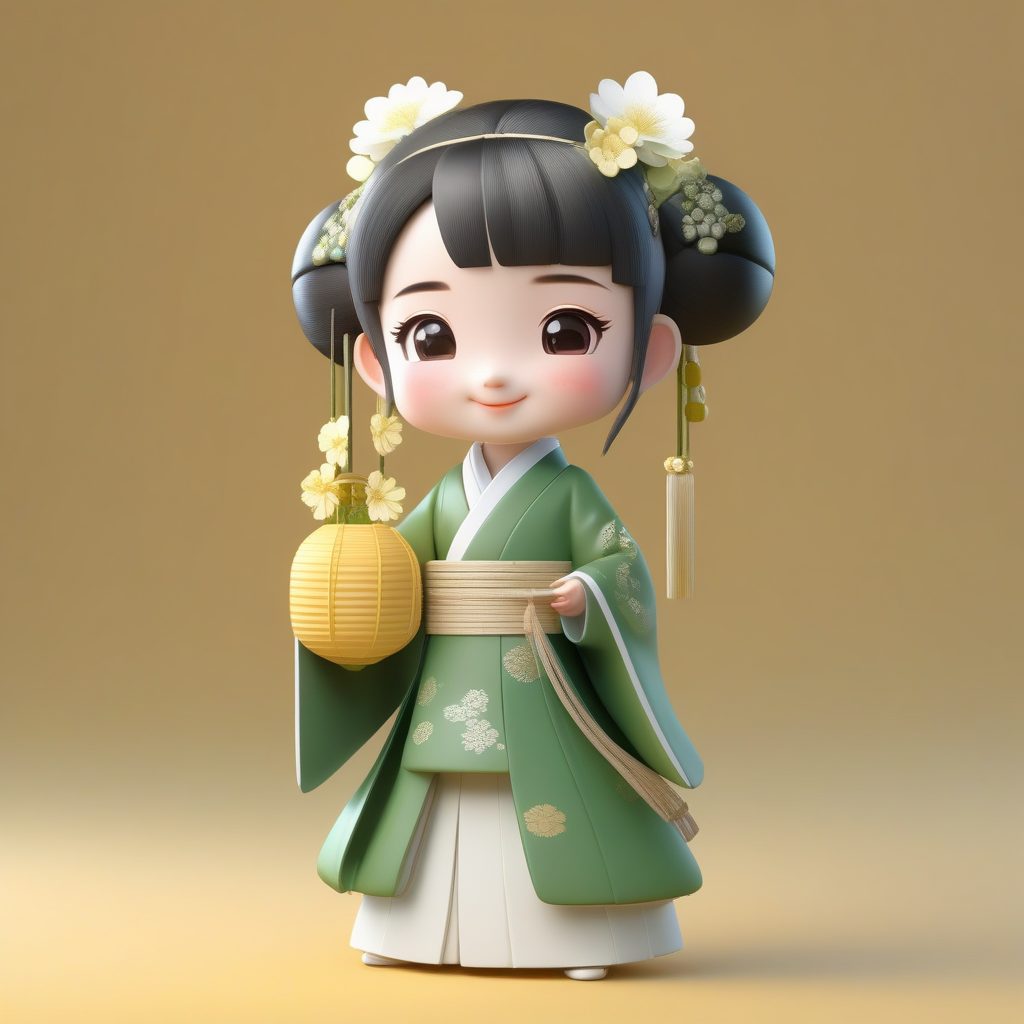 手拿糖葫芦:Q版可爱冬日汉服小女孩全身站立,C4D光线追踪提示词