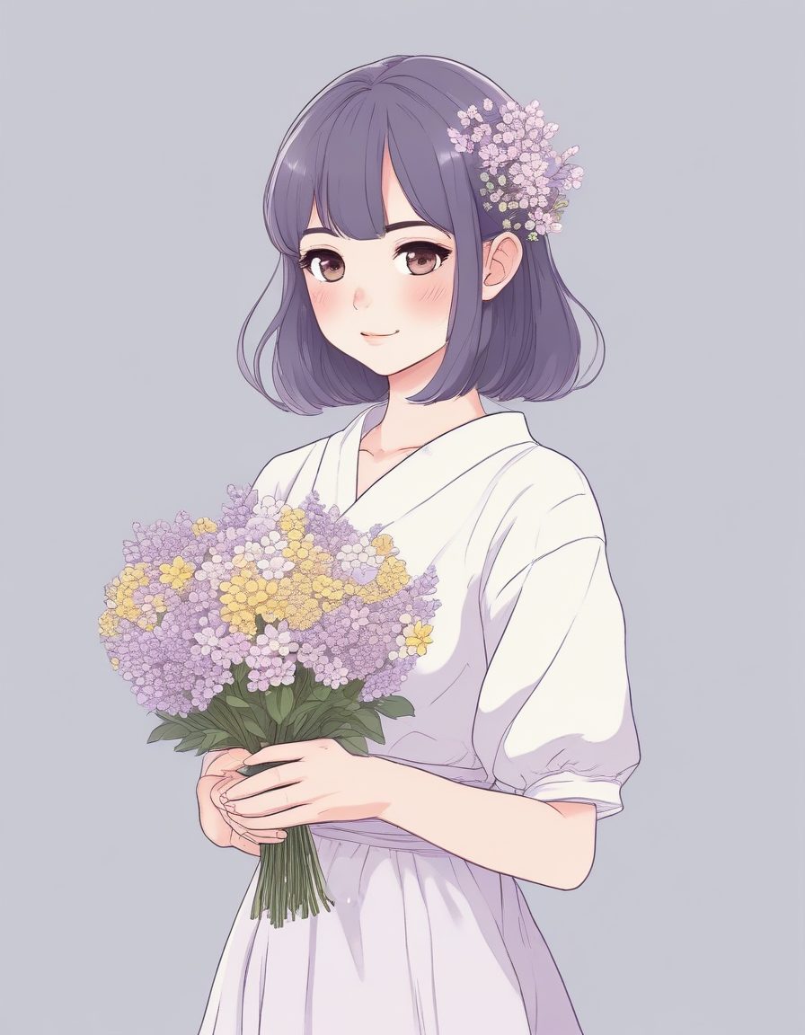 🌷手捧花束的温柔少女!极简线稿插画,淡紫色马卡龙配色,清新唯美