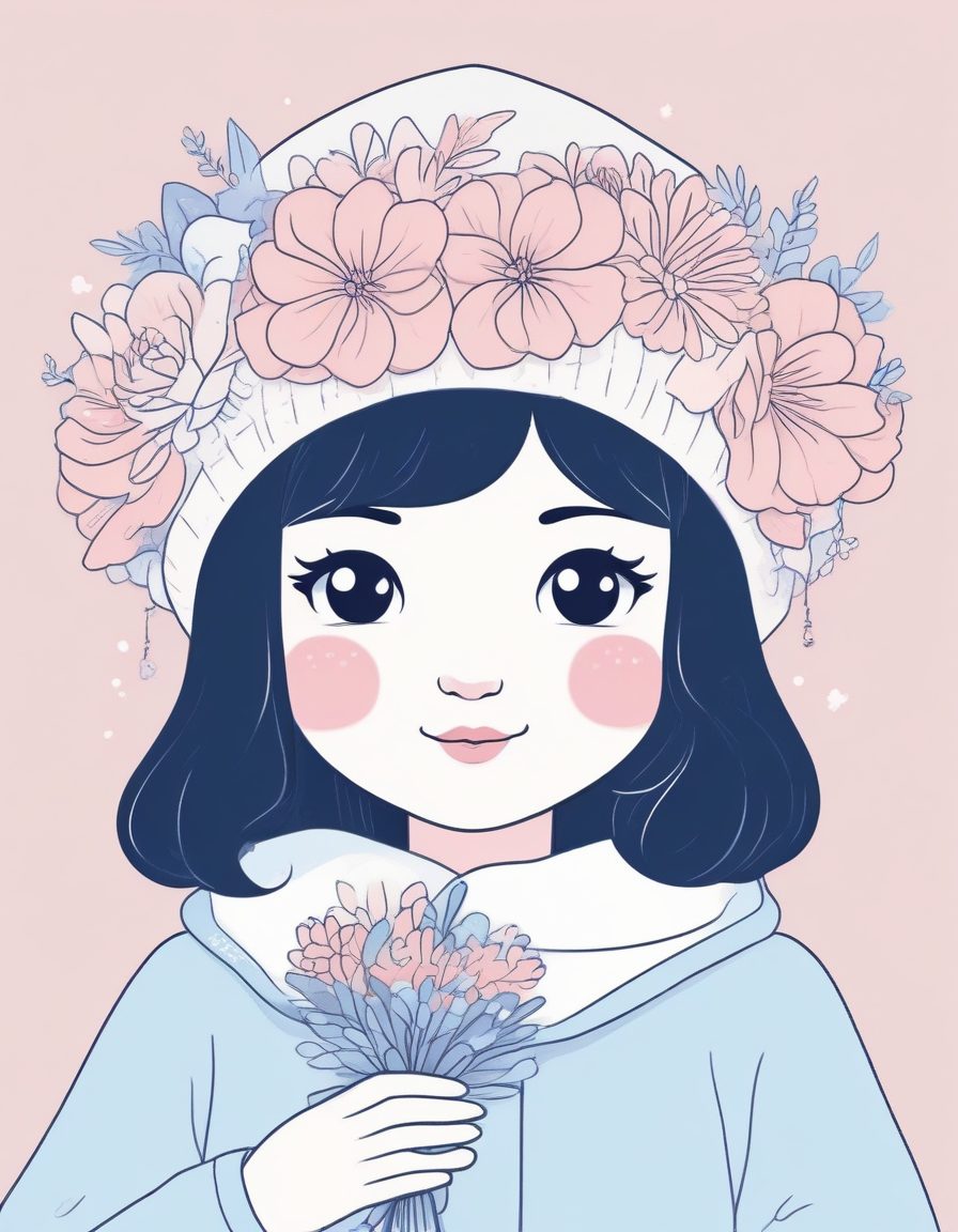 💐手捧花束！极简线稿插画，日系少女的甜美气息溢出屏幕