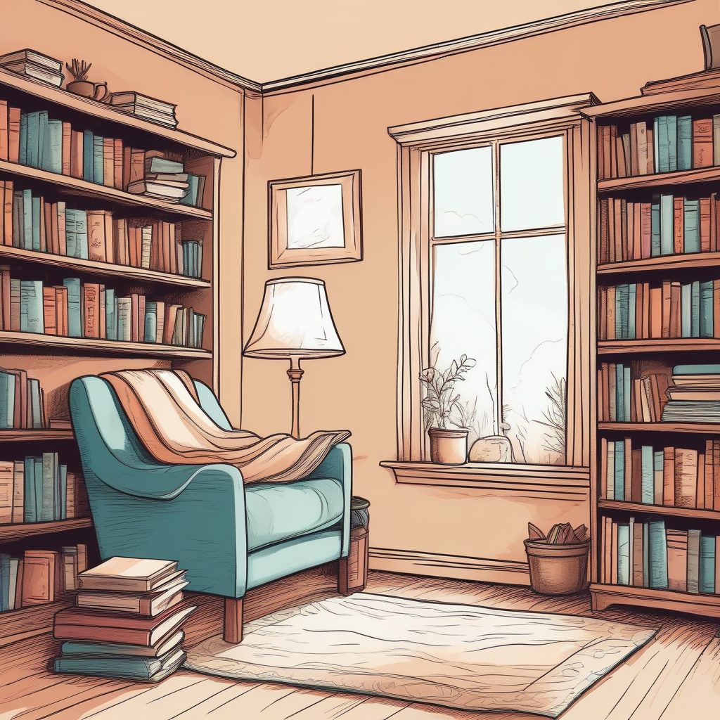 📖书房一角|极简线条阅读插画,温暖蜡笔风格,提升生活幸福感!