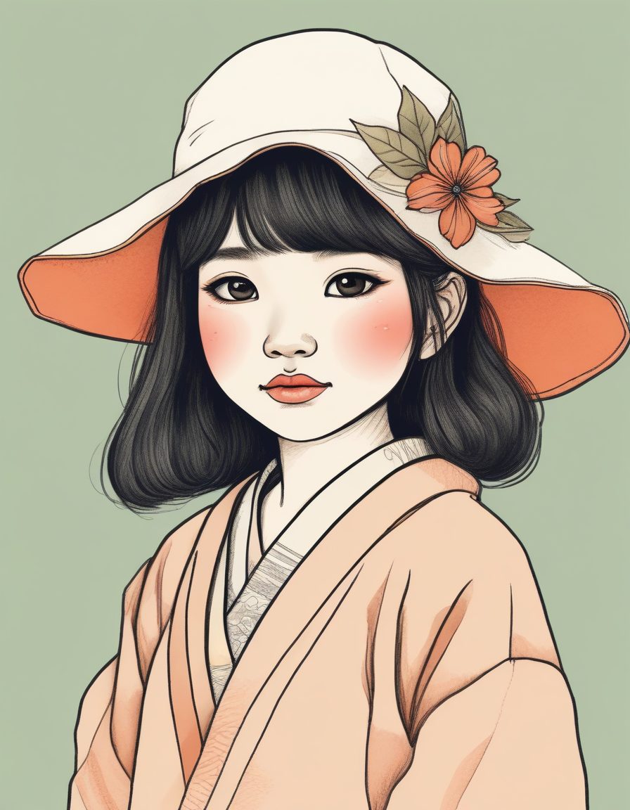 水彩晕染边缘的日系线稿:纯色背景上的甜美少女肖像