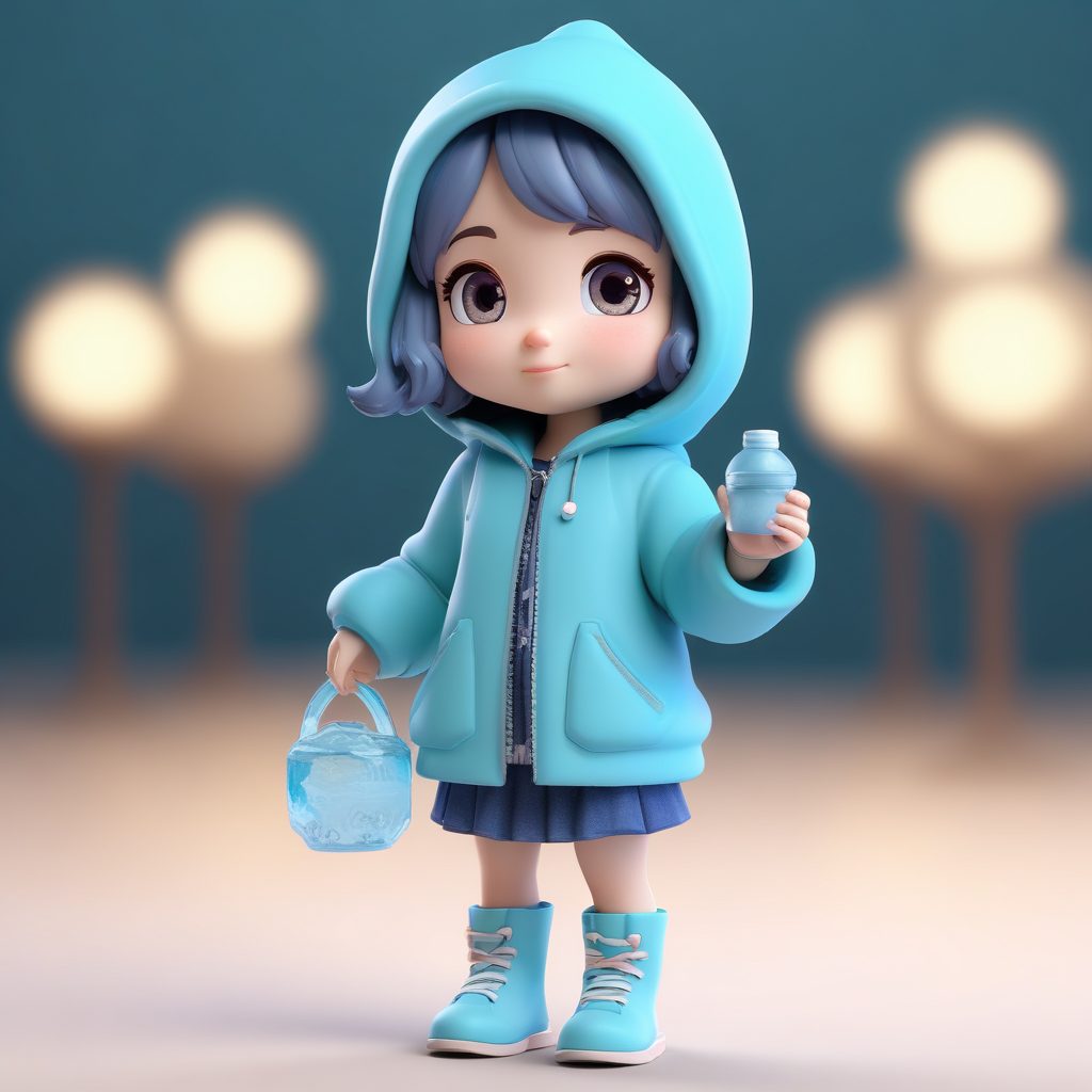 💧水蓝色系!抱着小水滴的Q版少女,Octane渲染治愈系全身图