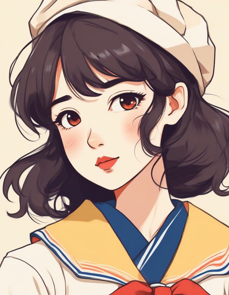 水手服复古风:AI生成日系少女线稿肖像纯色背景高细节