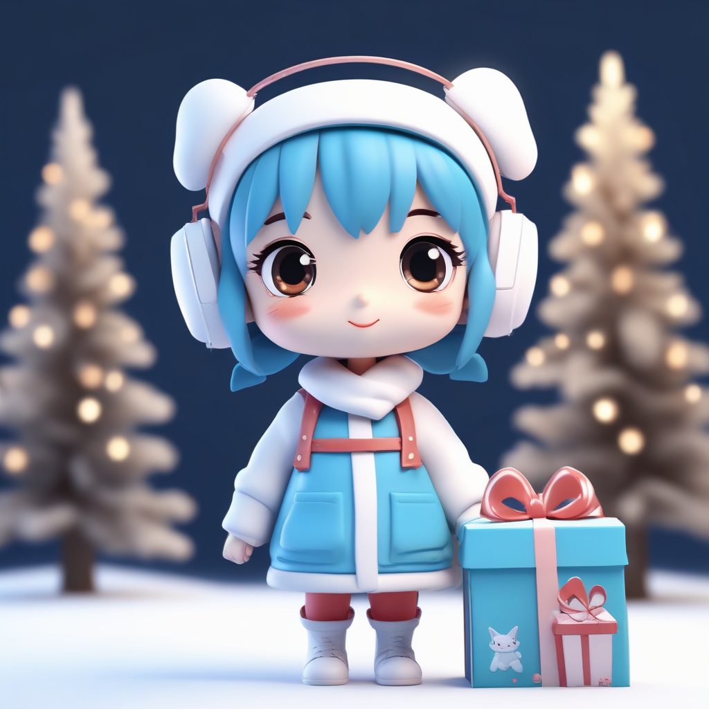 送礼必备|蝴蝶结耳罩Q版女孩：抱着礼物盒的C4D黏土渲染图