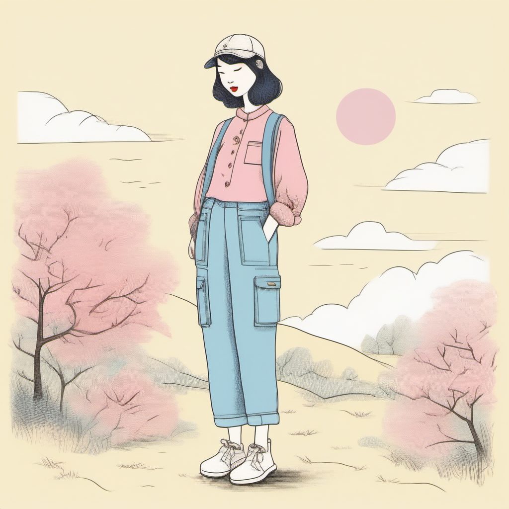 搜索热词:日系工装裤少女,极简线稿下的粉蓝平衡美学