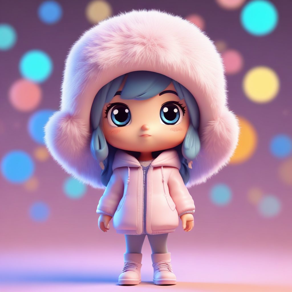 抬头仰望星空：巨大毛皮帽Q版少女的惊叹表情C4D渲染